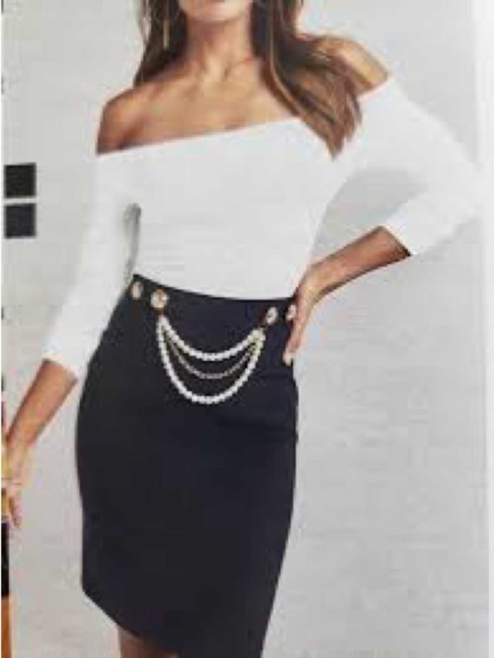 Black Mini Skirt with Pearl Chain Detail L/XL NWOT